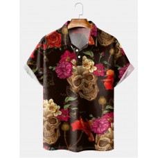 Men's Lapel Skull Flower Print Short Sleeve Polo Shirt
