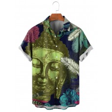 Men's Vintage Buddha Head Print Short Sleeve Shirt