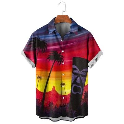 Men's Hawaiian Tiki Art Sunset Short Sleeve Shirt